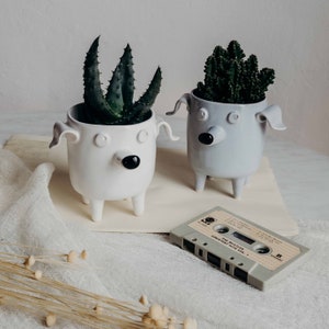 Ceramic Dog Planter. Cute dog handmade pot. White planter for doglover, dog gift, cacti planter, succulent planter, gift for dog lover. image 3