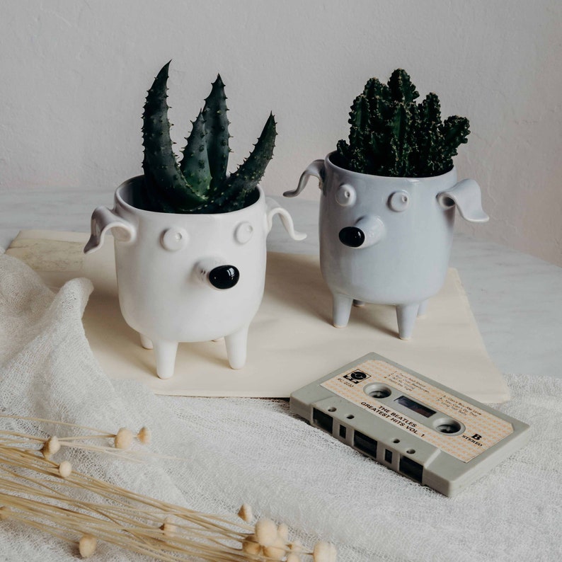 Ceramic Dog Planter. Cute dog handmade pot. White planter for doglover, dog gift, cacti planter, succulent planter, gift for dog lover. image 3