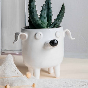 Ceramic Dog Planter. Cute dog handmade pot. White planter for doglover, dog gift, cacti planter, succulent planter, gift for dog lover. image 2