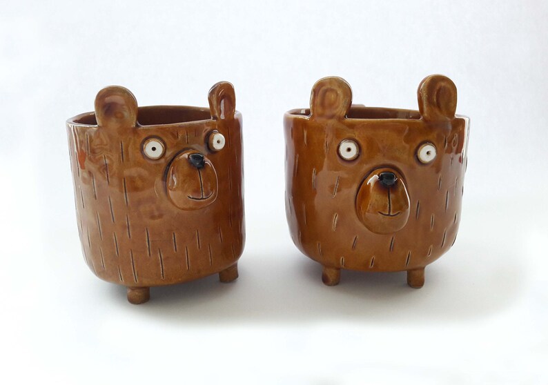 Handmade cute bear planter Brown flower pot for animal lover.
