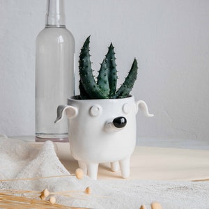 Ceramic Dog Planter. Cute dog handmade pot. White planter for doglover, dog gift, cacti planter, succulent planter, gift for dog lover. image 1