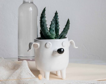 Ceramic Dog Planter. Cute dog handmade pot. White planter for doglover, dog gift, cacti planter, succulent planter, gift for dog lover.