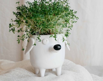Ceramic Dog Planter, white handmade pot, white flowerpot, handmade planter, dog gift, cacti planter, succulent planter, gift for dog lover.