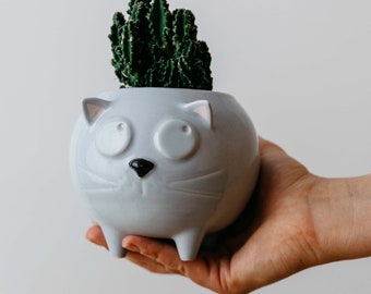 Kizior Grey Planter, jardinière chat gris, pot de fleurs chat, cadeau parfait, cadeau mignon, cadeau pour amoureux des chats, minou, cadeau fait main, cadeau original