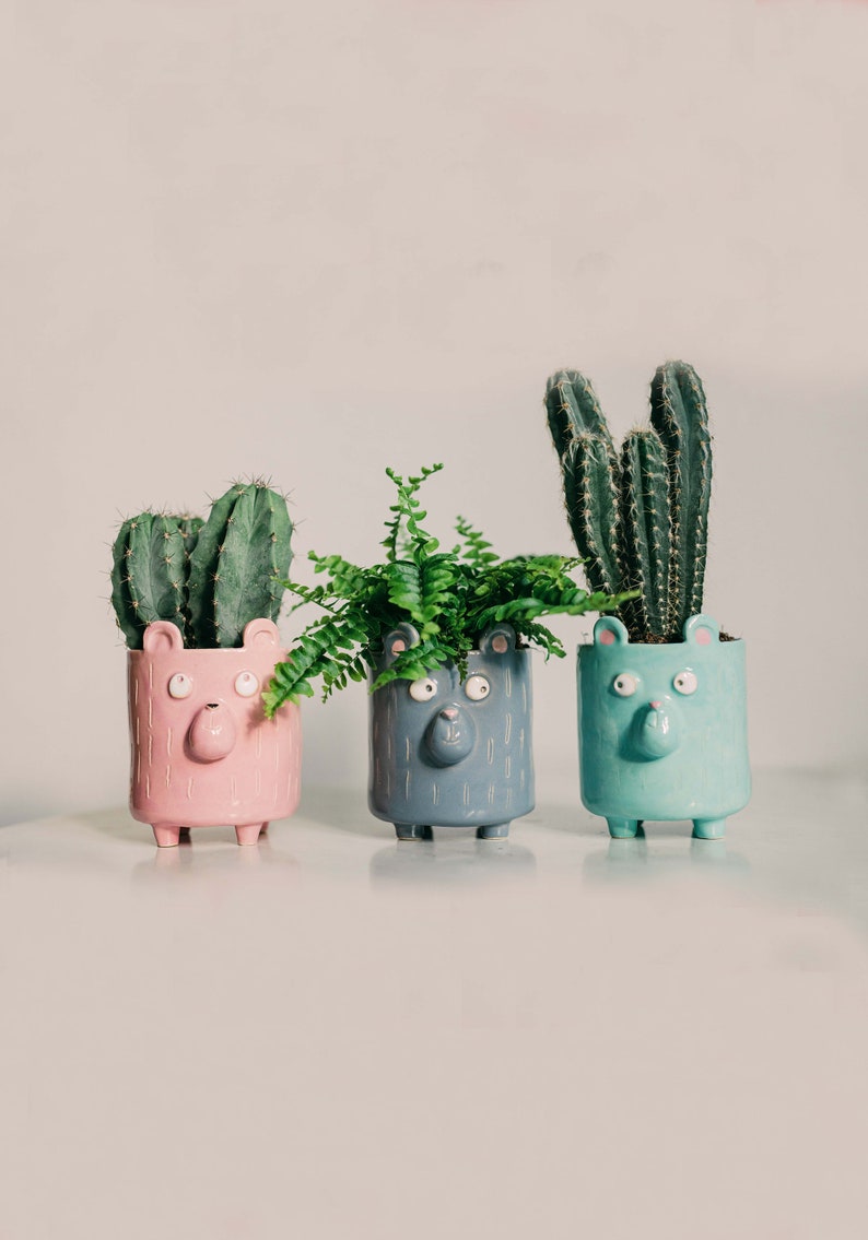 Ceramic Bear Planter, Gray planter with bear, Kids room decor, Handmade Ceramic Planter, bear planter, flower pot with bear, pastel decor, image 3