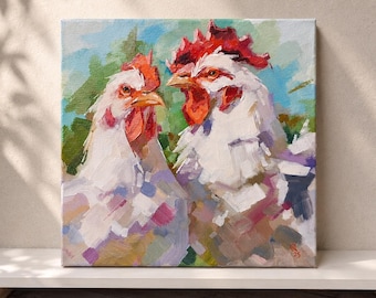 Originales Ölgemälde mit Huhn, Hahn- und Hennenmotiv, Wandkunst im Landhausstil