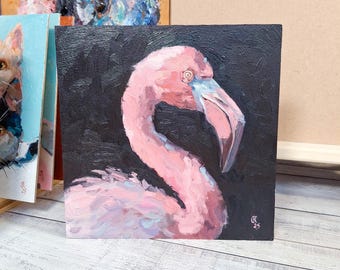 油絵 オリジナル手描きアート - 恋するフラミンゴ - Etsy 日本