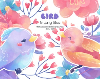 Birds clipart / Little Birds / Flowers and Leaves / PNG Files / Instant Download