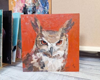 Peinture à l'huile originale de hibou, art moderne d'oiseau, cadeau de décoration d'intérieur unique