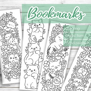 Bookmarks with Cats in Flowers / Printable Coloring Bookmarks / Digital Download