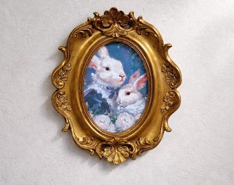 Pintura al óleo de conejos en marco ovalado dorado, retrato original de conejo.