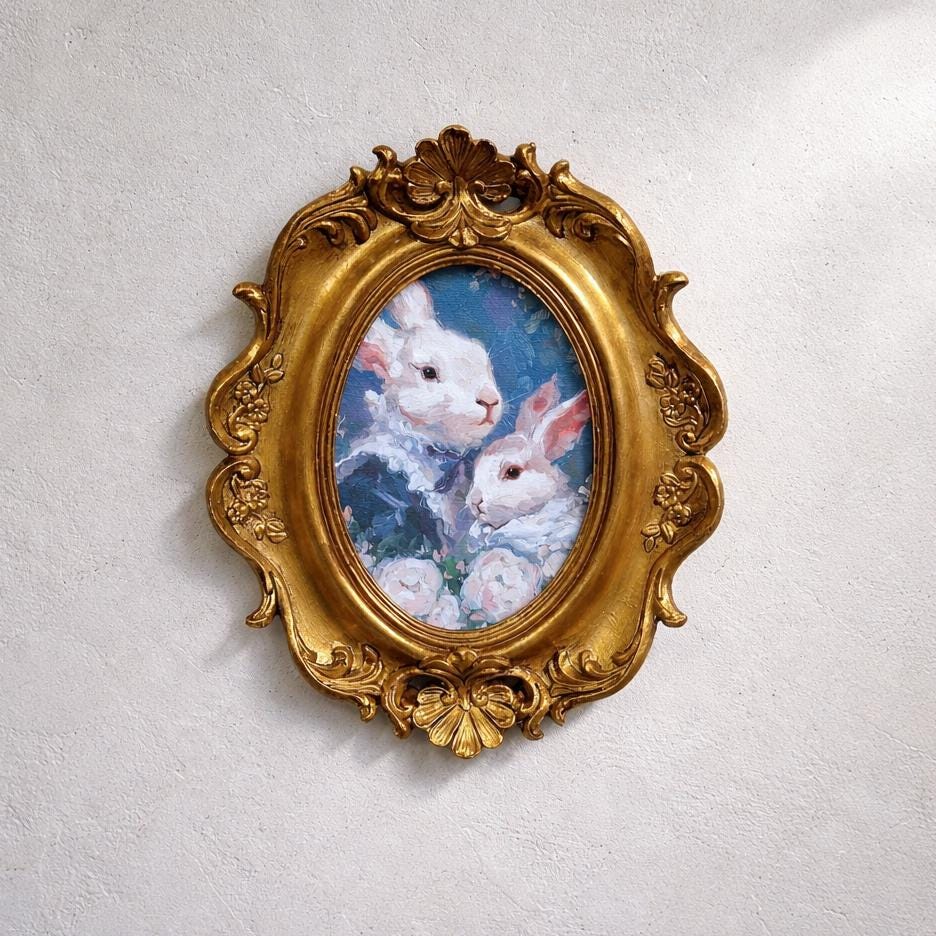 Pruning Frame Rabbit Rabbits Oil Painting in Gold Oval Frame, Original Bunny Portrait Art - Etsy