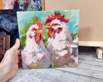 Peinture à l'huile de poulet, oeuvre de paire de poules, décor de ferme