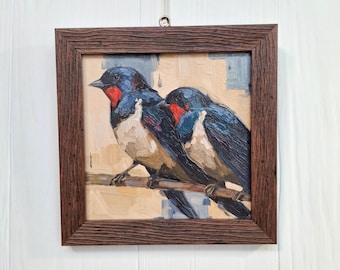 オリジナル油絵「ツバメ」、鳥好きの方への小さな壁掛けギフト、6
