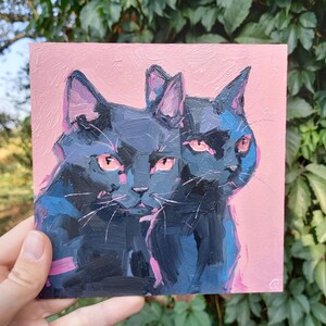 Un couple de chats noirs sur fond rose / Peinture à l'huile originale / Art moderne / Cadeau / Décoration