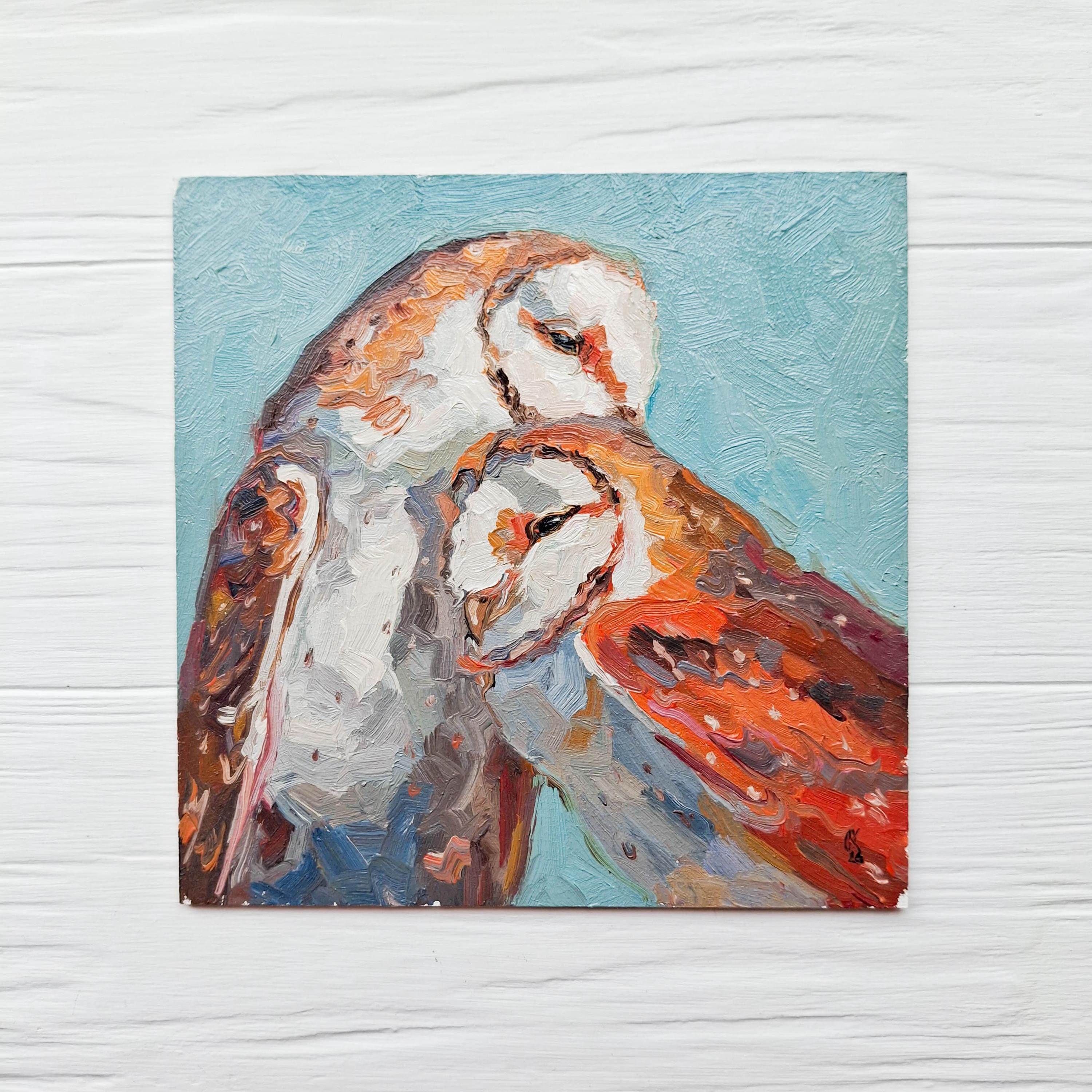 Barn Owl Pair Painting, Original Owl Art, Romantic Bird Decor - by Ollyko
