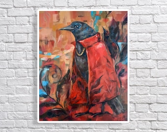 Original Oil Painting / Modern Fantasy Bird in Red Cloak / Black Crow / Surreal Avian Artwork / Unique Gift / Home Decor