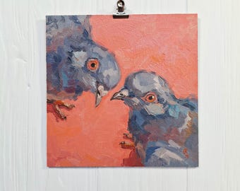 Pintura al óleo de palomas urbanas, arte moderno original, decoración del hogar