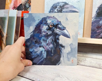 Pintura al óleo original de cuervo, arte de aves texturizado, decoración moderna de vida silvestre