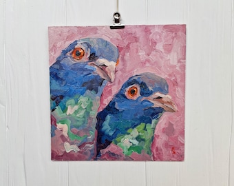 Pintura al óleo original de palomas de la ciudad, arte moderno de aves, decoración del hogar
