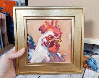 Peinture à l'huile de coq, art moderne d'oiseau de ferme, oeuvre d'art unique en son genre