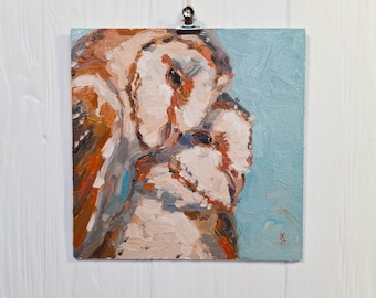 Portrait en couple d'effraies des cloches, peinture à l'huile originale, art animalier contemporain, cadeau unique