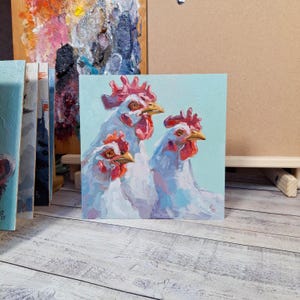 Three Chickens / Original Oil Painting / Modern Art 8x8 / Gift / Unique Home Decor