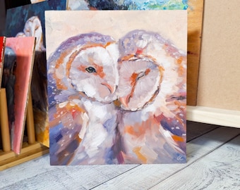 Barn Owl Pair Portrait / Original Oil Painting / Modern Art / Hand-Painted One of a Kind Gift / Home Decor