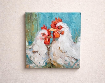 Poulet, peinture à l'huile, art des animaux de la ferme, décoration de cuisine rustique