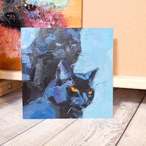 Un couple de chats noirs / Peinture à l'huile originale / Art moderne / Cadeau / Décoration