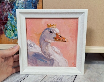 Crowned Goose Oil Painting, 6x6 Bird Portrait, Farmhouse Decor