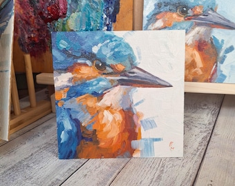 Kingfisher Original Oil Painting, Colorful Bird Art, Modern Home Decor Gift