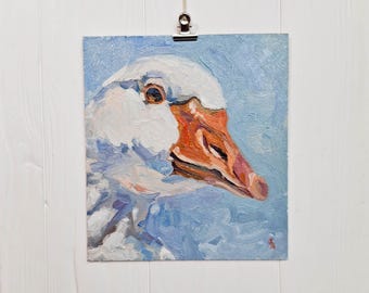 Goose Original Oil Painting, Small Bird Art, Mini Farm Animal Artwork
