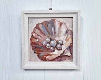 Pintura al óleo original de concha con perla, arte moderno, arte mural costero