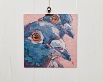 Pintura al óleo de palomas urbanas, arte moderno original de aves, regalo único para decoración del hogar.