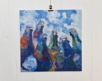 Pintura al óleo original de palomas, arte urbano de aves pintado a mano, decoración del hogar