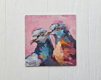 Pintura al óleo de palomas urbanas, arte moderno original de aves, regalo único para la decoración del hogar.