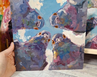 Funny Pigeons / Original Oil Painting  / Modern Art / Unique Gift / Cool Home Decor