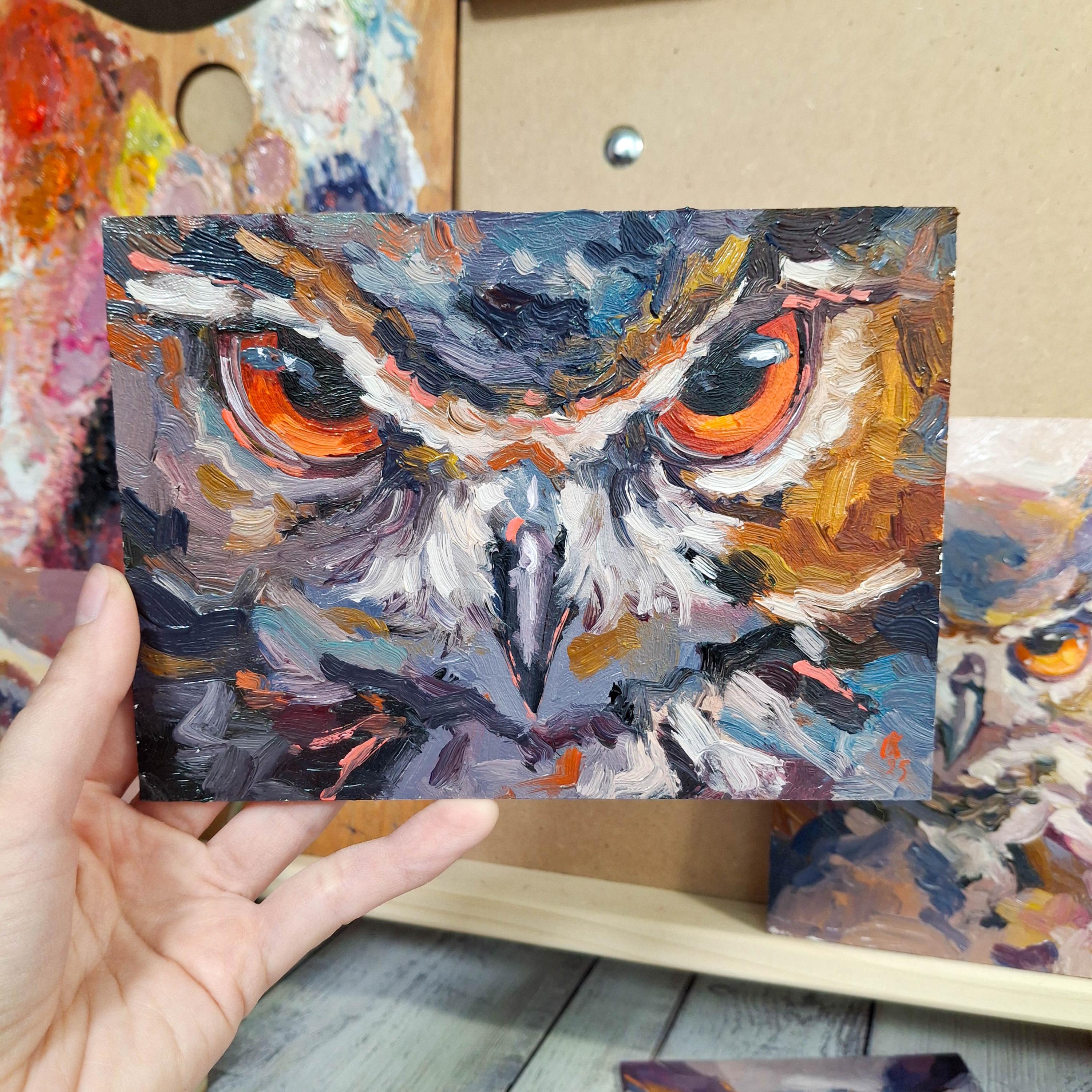 フクロウのオリジナル油絵、鳥のモダンアート、ユニークなホーム