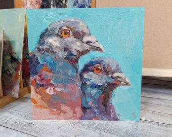 Pintura al óleo de paloma colorida, retrato de pájaro moderno original, regalo único para decoración del hogar.