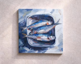 Sardine Oil Painting, Kitchen Wall Art, Seafood Artwork