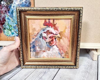 Peinture à l'huile de coq, art moderne d'oiseau de ferme, oeuvre d'art unique en son genre