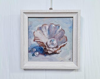 Pintura al óleo de concha y perla, arte costero, decoración moderna del hogar