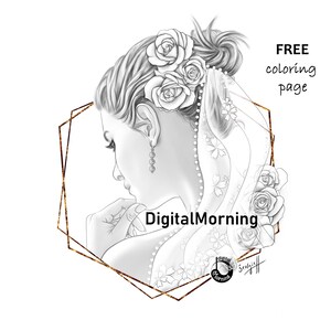 May include: A black and white line drawing of a bride with a veil and flowers in her hair. The bride is looking down at her hands. The image is framed in a gold geometric shape. The text "DigitalMorning" is written in the image.