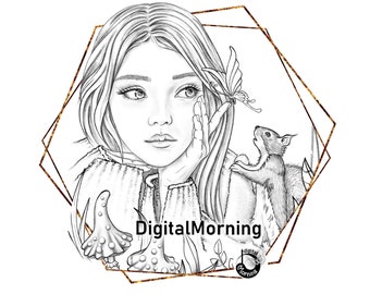Fantasy grayscale coloring portrait page pdf jpg A3 A4 Letter