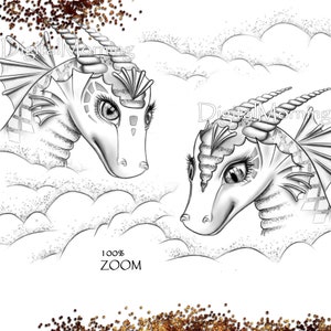 May include: Black and white line art illustration of two dragons with intricate details. The dragons have large eyes and are facing each other. The background is a cloudy sky.