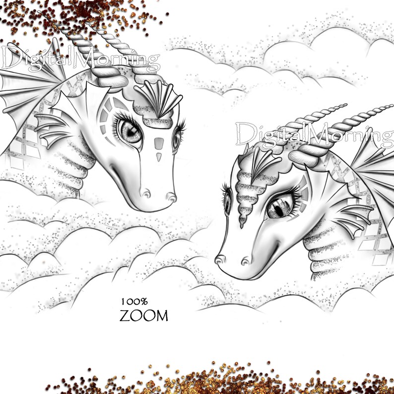 May include: Black and white line art illustration of two dragons with intricate details. The dragons have large eyes and are facing each other. The background is a cloudy sky.