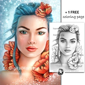Premium portrait grayscale coloring page &quot;Karmen&quot; A3 A4 PDF JPG