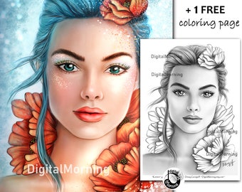 Página para colorear retrato premium en escala de grises "Karmen" A3 A4 PDF JPG
