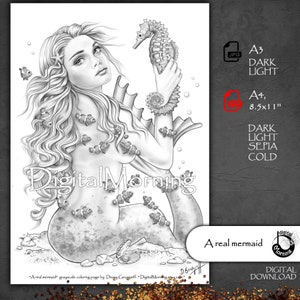 May include: Grayscale illustration of a mermaid with long flowing hair, holding a seahorse. The mermaid is surrounded by small fish. The image includes the text "Digital Morning" and "A real mermaid".